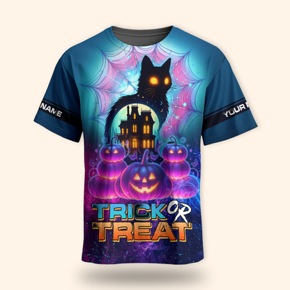 Personalized Trick or Treat Hoodie – Haunted House Black Cat Halloween Zip Up, Custom Choo
