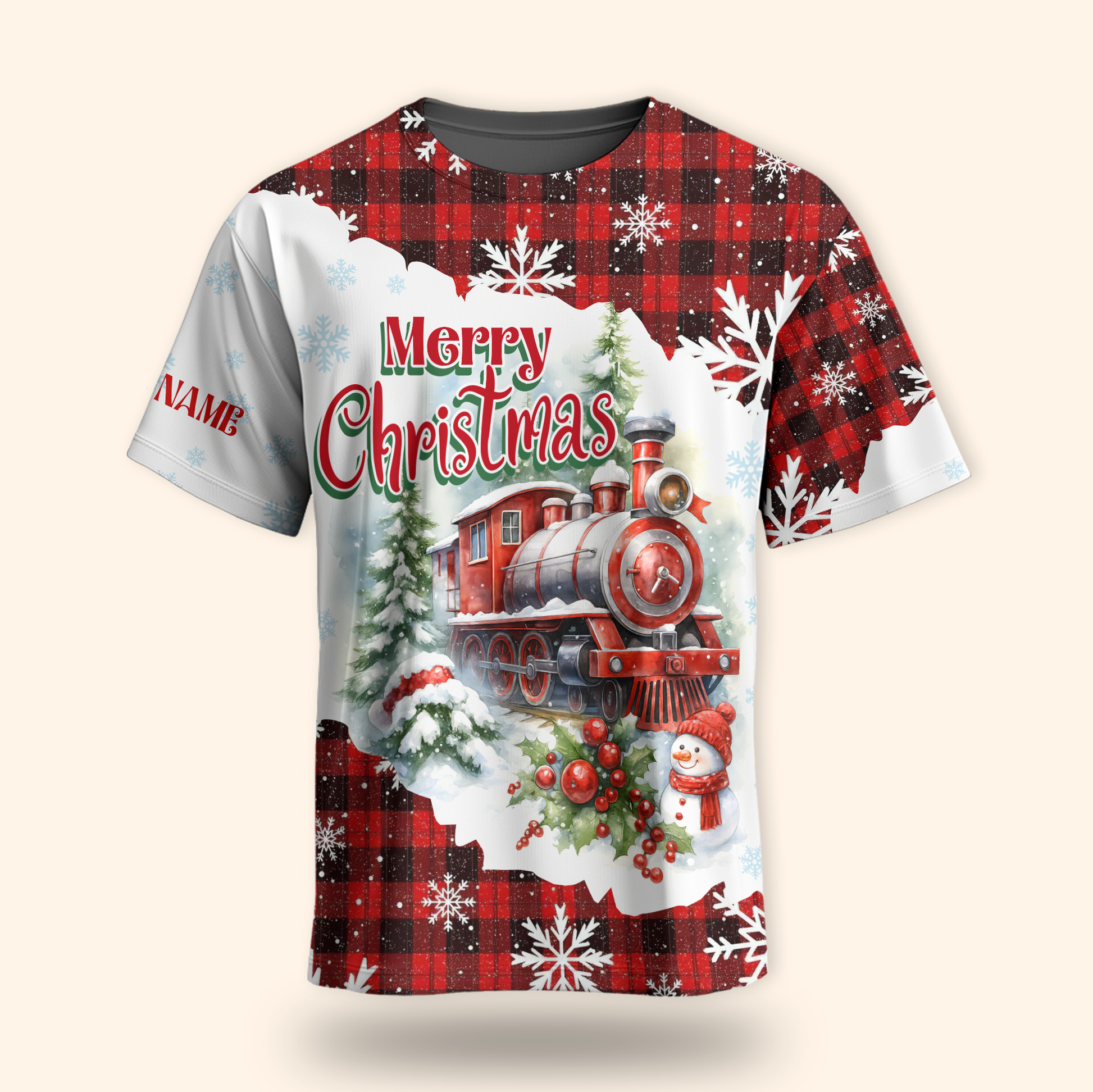 Christmas Train Hoodie – Vintage Steam Engine Design, Custom Name Plaid Holiday Zip Up, Custom Choo