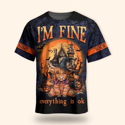 Personalized Halloween Cow Hoodie – "I’m Fine Everything Is Ok" Zip Up, Custom Name Gift, Custom Choo