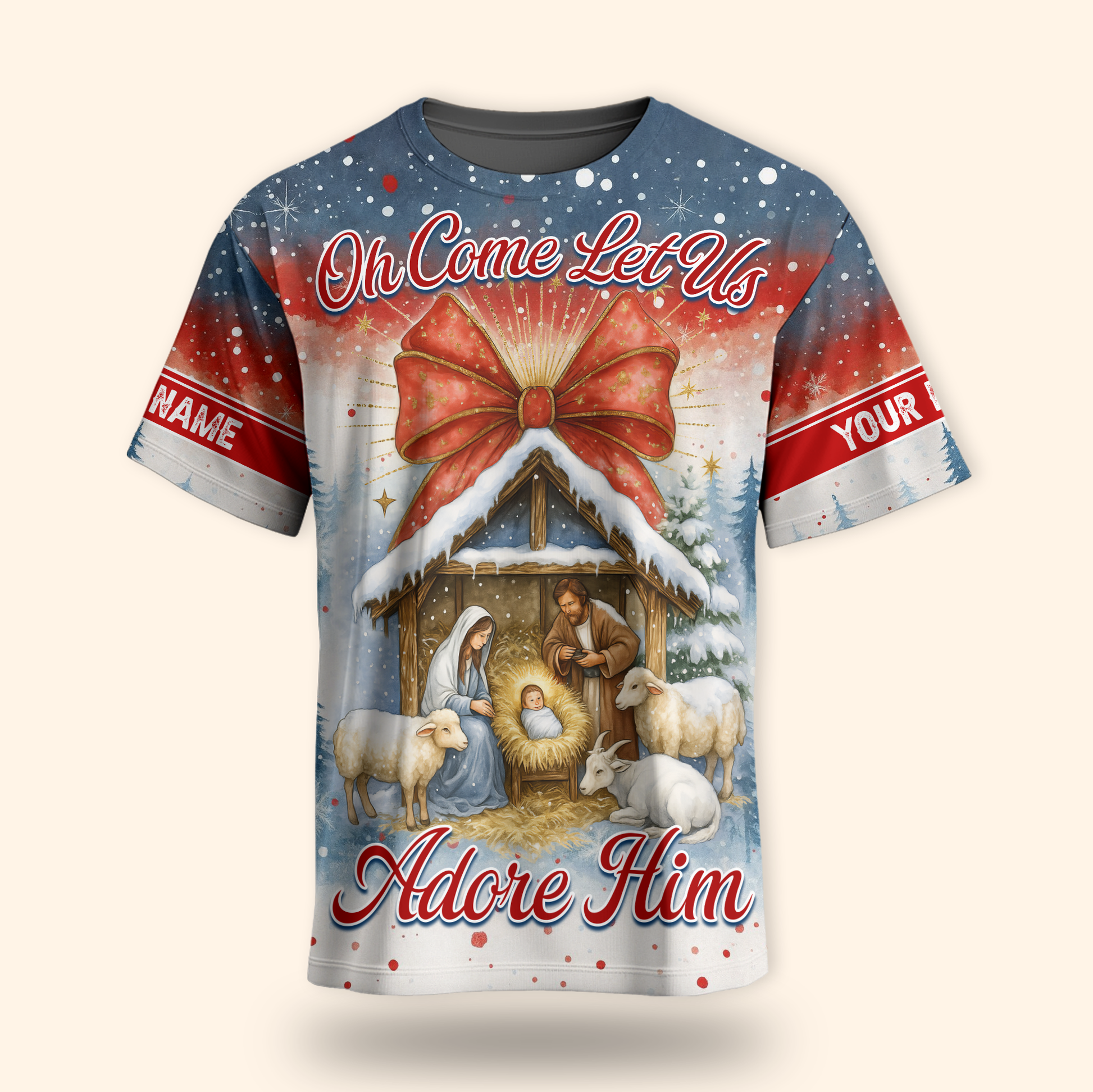Christian Christmas Hoodie – Oh Come Let Us Adore Him Nativity Scene, Personalized Holiday Zip Up, Custom Choo
