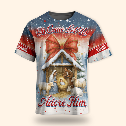 Christian Christmas Hoodie – Oh Come Let Us Adore Him Nativity Scene, Personalized Holiday Zip Up, Custom Choo