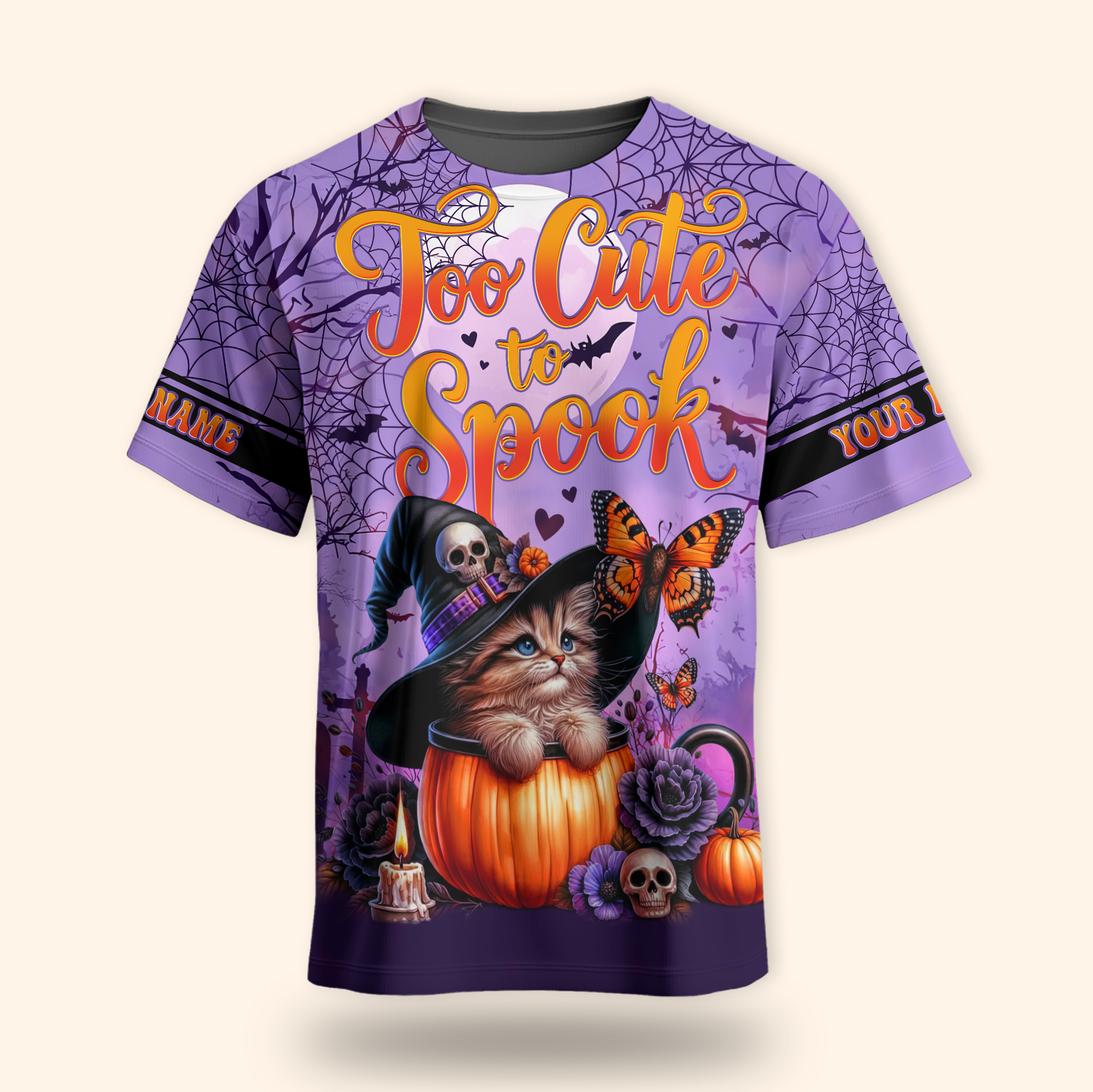 Too Cute To Spook Halloween Cat Hoodie – Personalized Name Zip Up Jacket, Custom Choo