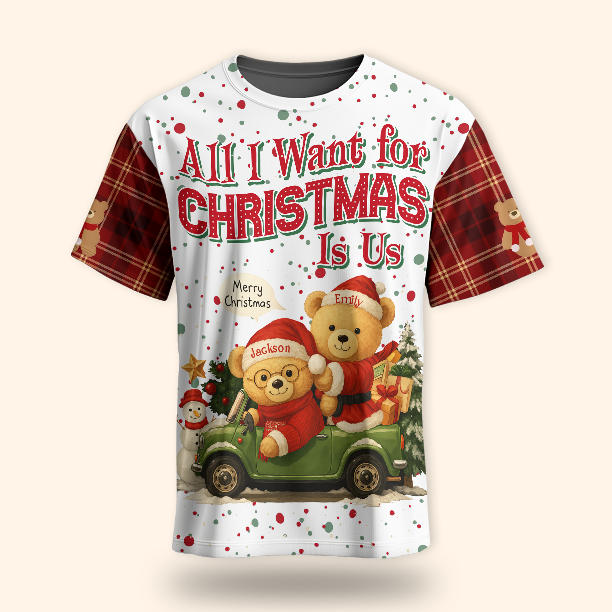 Personalized Teddy Bear Christmas Hoodie – All I Want for Christmas Is Us, Custom Name Gift, Custom Choo