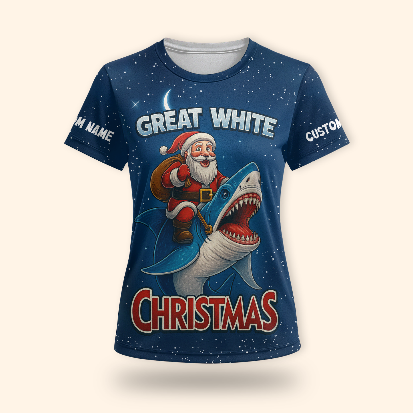 Santa Shark Hoodie – Great White Christmas Zip Up, Funny Holiday Hoodie, Custom Name Blue Ocean Design