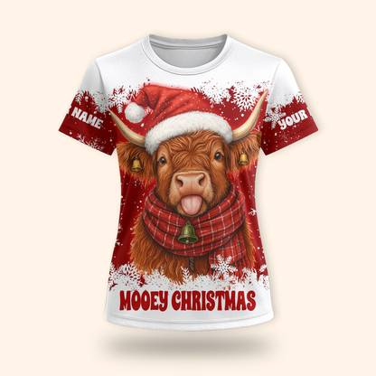 Custom Name Mooey Christmas Hoodie – Funny Highland Cow Zip Up, Red Holiday Hoodie Gift Idea