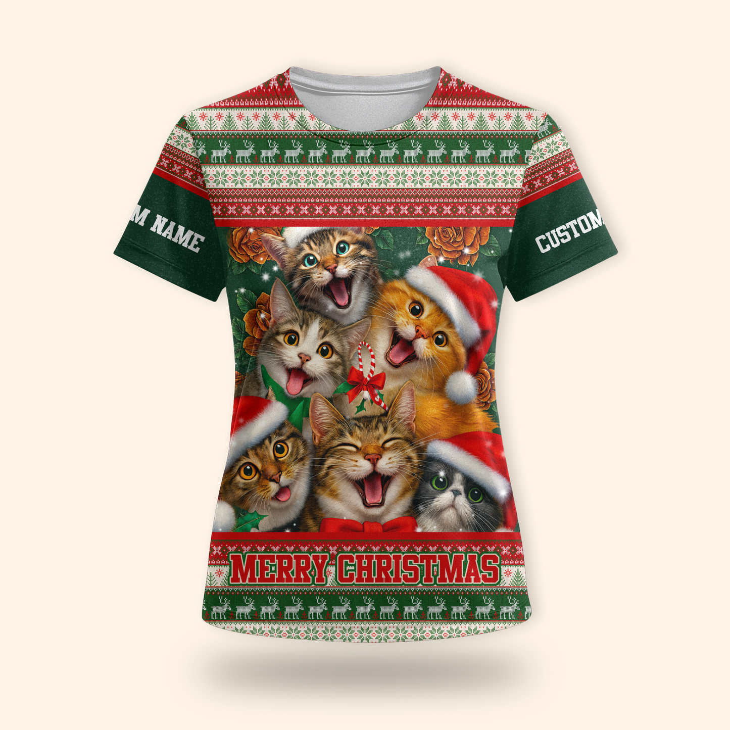 Christmas Cat Hoodie – Cute Cats in Santa Hats, Custom Name Zip Up, Funny Holiday Hoodie