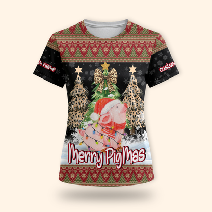 Merry PigMas Hoodie – Cute Pig Christmas Zip Up, Custom Name Funny Holiday Hoodie