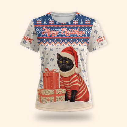 Black Cat Christmas Hoodie – Custom Name Santa Cat Zip Up