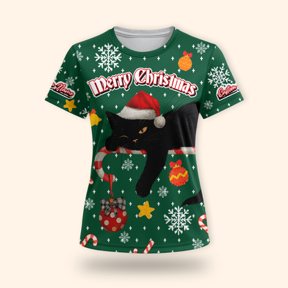 Black Cat Christmas Hoodie – Custom Name Santa Cat Zip Up