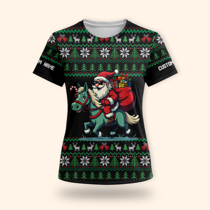 Funny Santa Riding Horse Hoodie – Custom Name Christmas Zip Up, Ugly Sweater Style, Holiday Hoodie for Horse Lovers