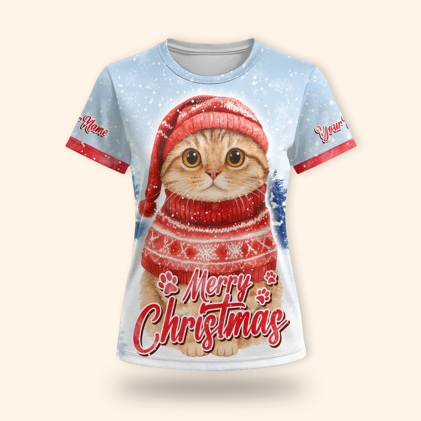 Cute Christmas Cat Hoodie – Merry Christmas Cat in Red Sweater, Personalized Name Gift