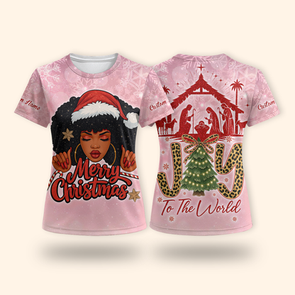 Christian Christmas Hoodie – Joy To The World, Black Girl Santa Zip Up, Custom Name Holiday Hoodie