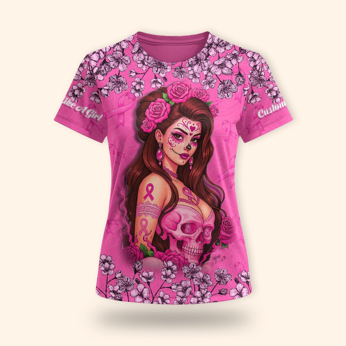 Fight Like A Girl Skull Floral - Breast Cancer Awareness Shirt