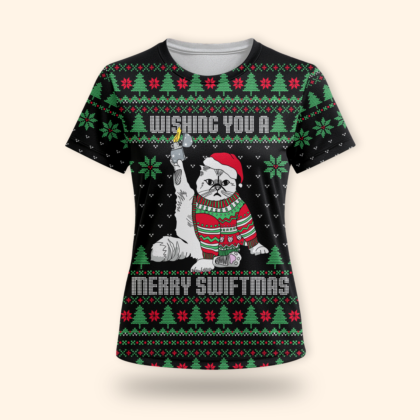 Funny Cat Christmas Hoodie – Wishing You a Merry Swiftmas, Ugly Sweater Style Zip Up, Holiday Hoodie for Cat Lovers