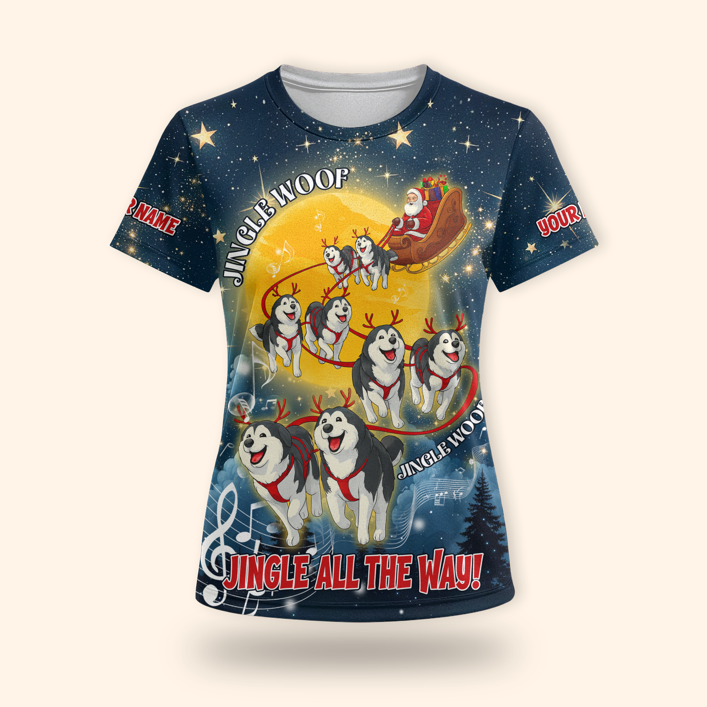 Custom Name Jingle Woof Hoodie – Husky Christmas Zip Up, Funny Santa Dog Hoodie, Holiday Sweatshirt