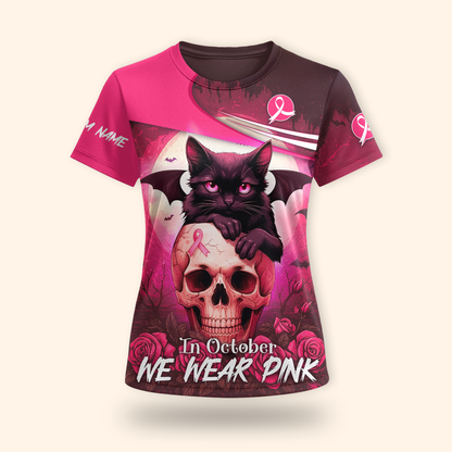 Custom Name "In October We Wear Pink" Black Cat Skull - Breast Cancer Awareness Shirt