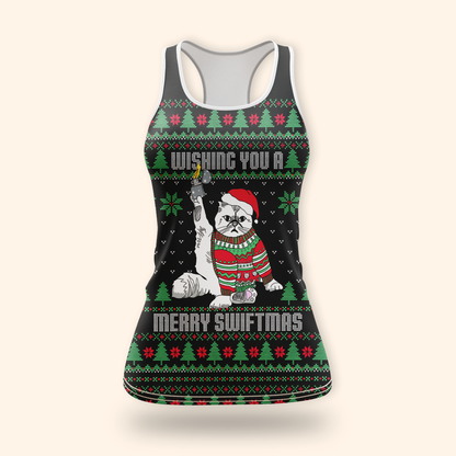 Funny Cat Christmas Hoodie – Wishing You a Merry Swiftmas, Ugly Sweater Style Zip Up, Holiday Hoodie for Cat Lovers