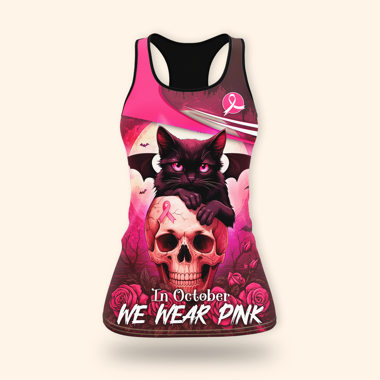 Custom Name "In October We Wear Pink" Black Cat Skull - Breast Cancer Awareness Shirt