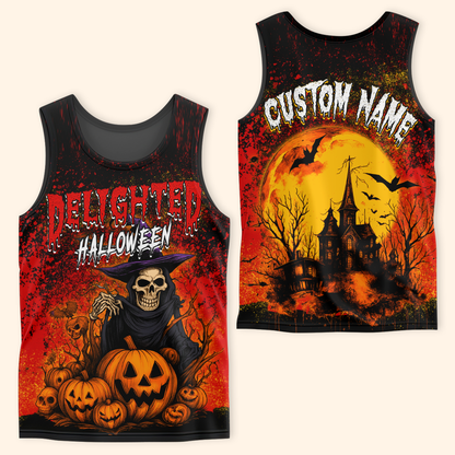 Delighted Halloween Hoodie – Grim Reaper Skeleton with Pumpkins – Custom Name Zip Up, Custom Choo