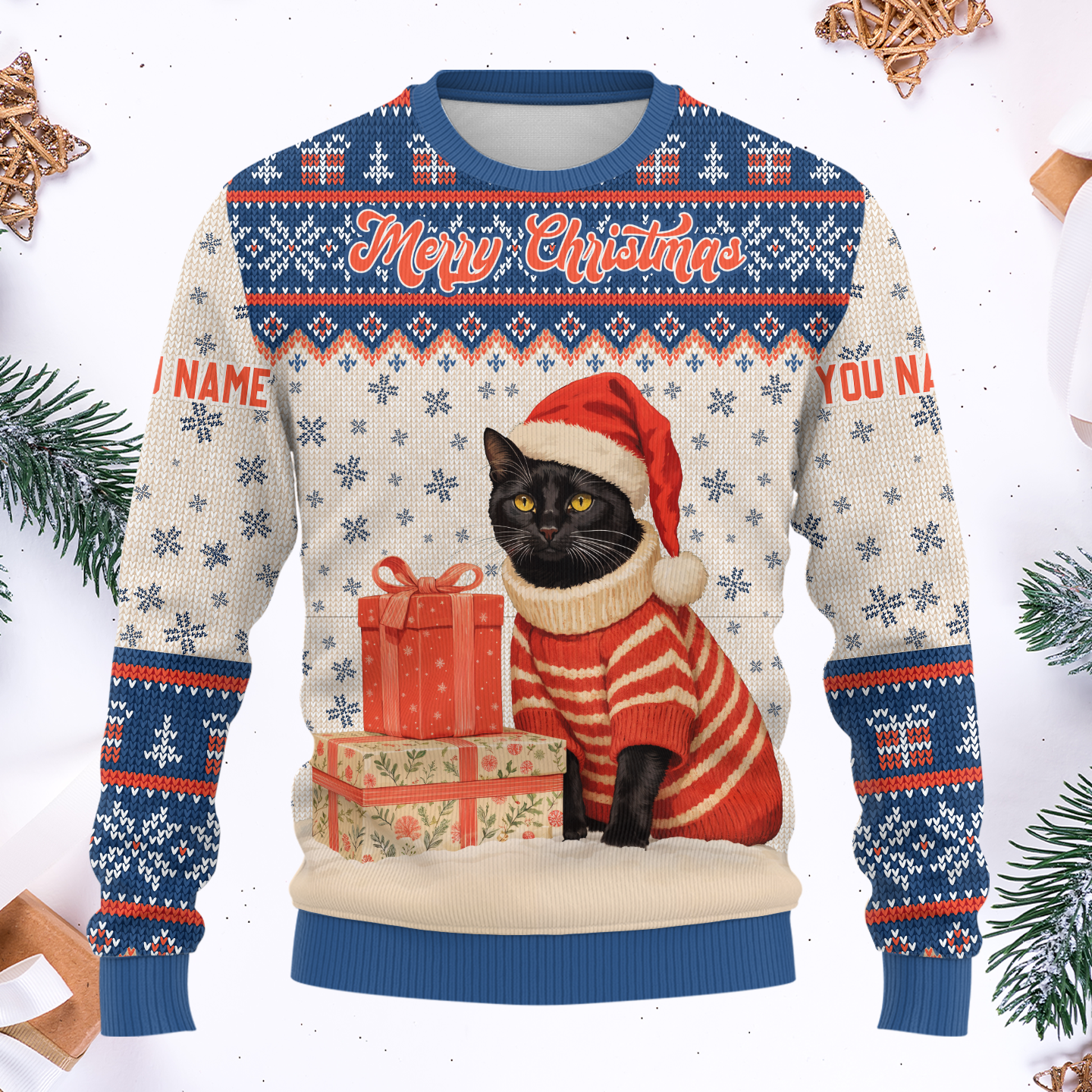 Black Cat Christmas Hoodie – Custom Name Santa Cat Zip Up