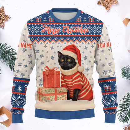 Black Cat Christmas Hoodie – Custom Name Santa Cat Zip Up