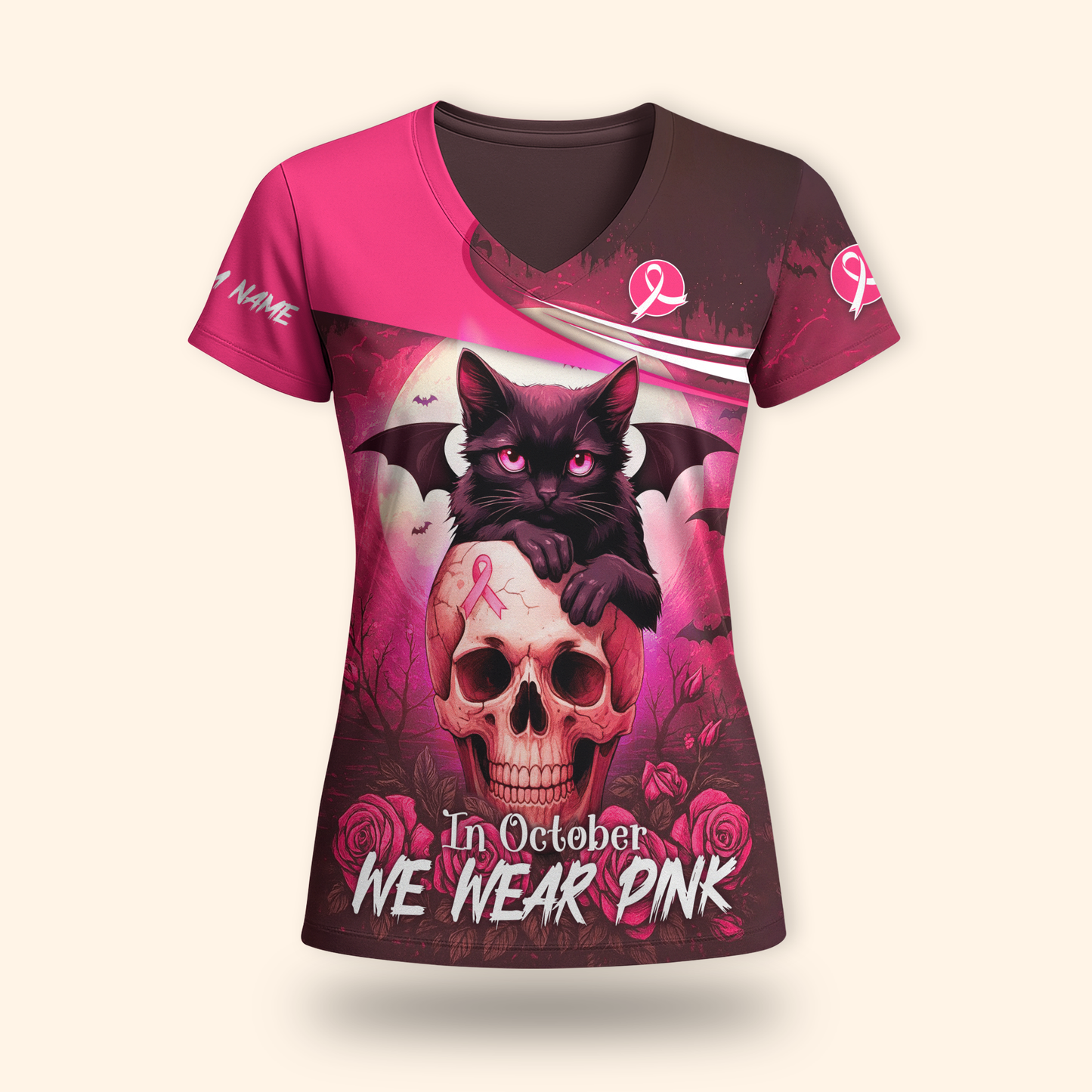 Custom Name "In October We Wear Pink" Black Cat Skull - Breast Cancer Awareness Shirt