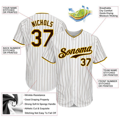 Custom White Brown Pinstripe Brown-Gold Authentic Baseball Jersey