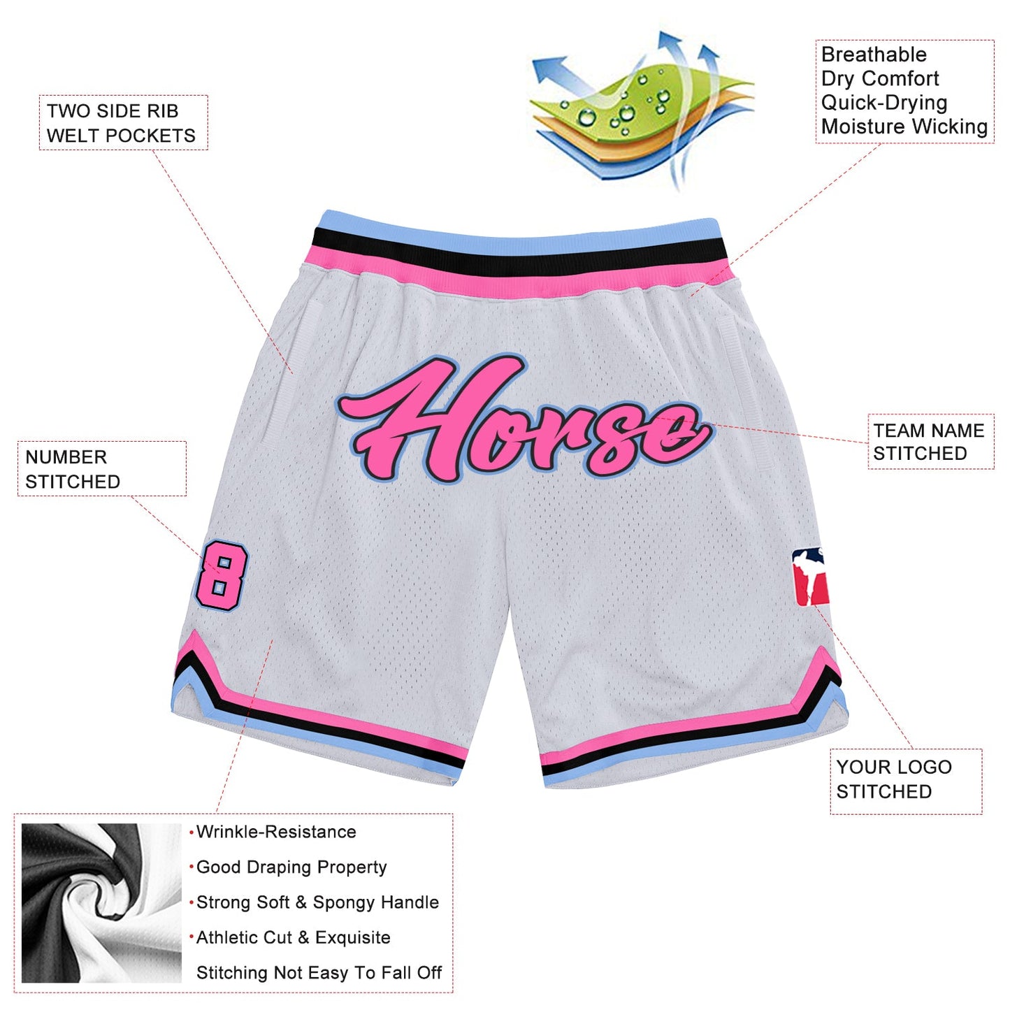 Custom White Pink-Light Blue Authentic Throwback Basketball Shorts