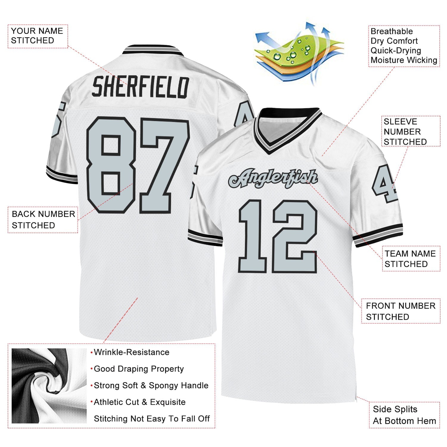 Custom White Silver-Black Mesh Authentic Throwback Football Jersey