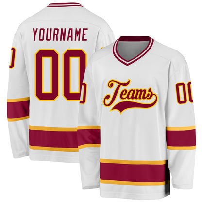 Custom White Maroon-Gold Hockey Jersey