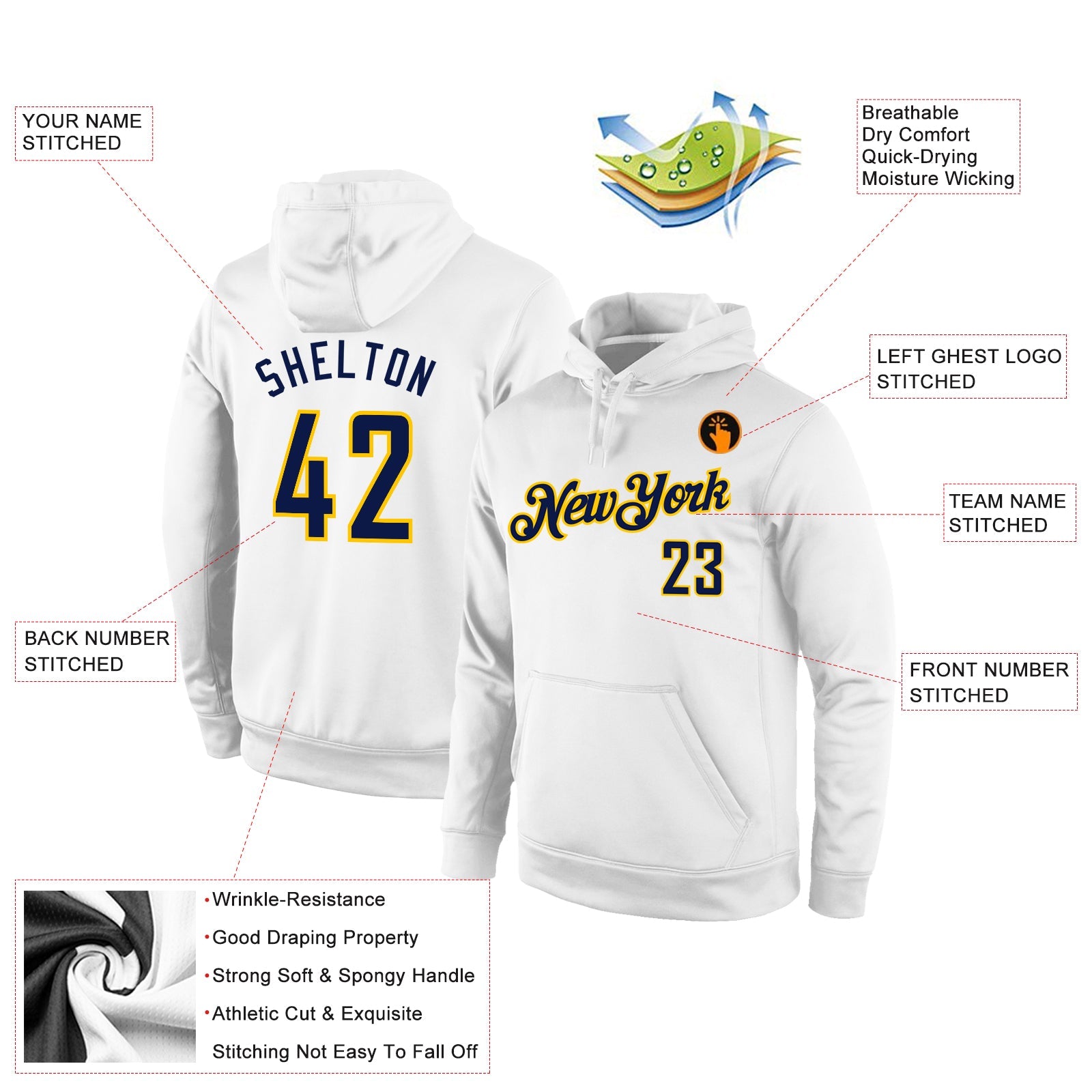 Custom Stitched White Navy-Gold Sports Pullover Sweatshirt Hoodie