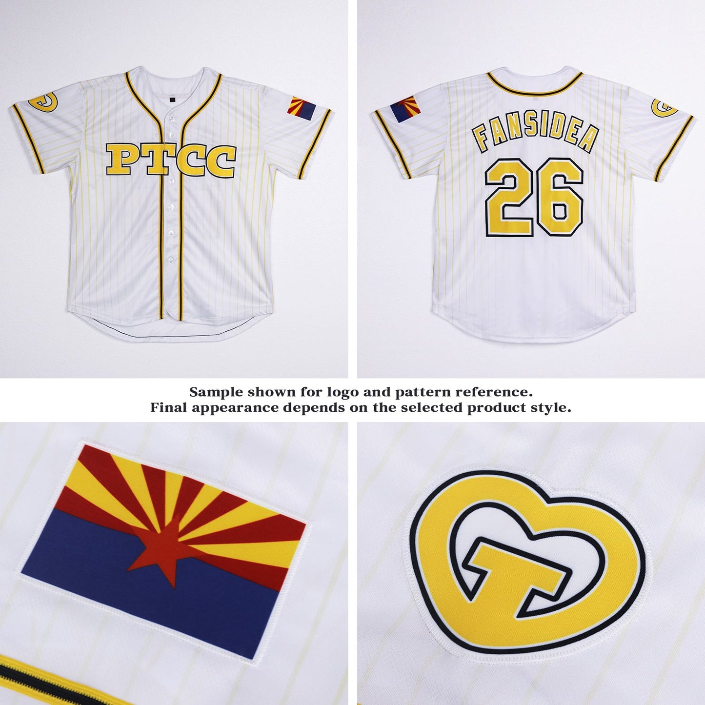 Custom White Pinstripe Yellow-Black PTCC Two-Button Unisex Softball Jersey