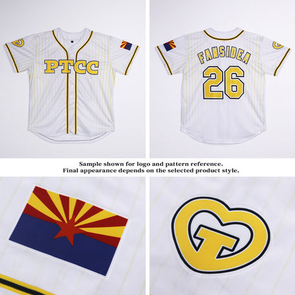 Custom White Pinstripe Yellow-Black PTCC Two-Button Unisex Softball Jersey