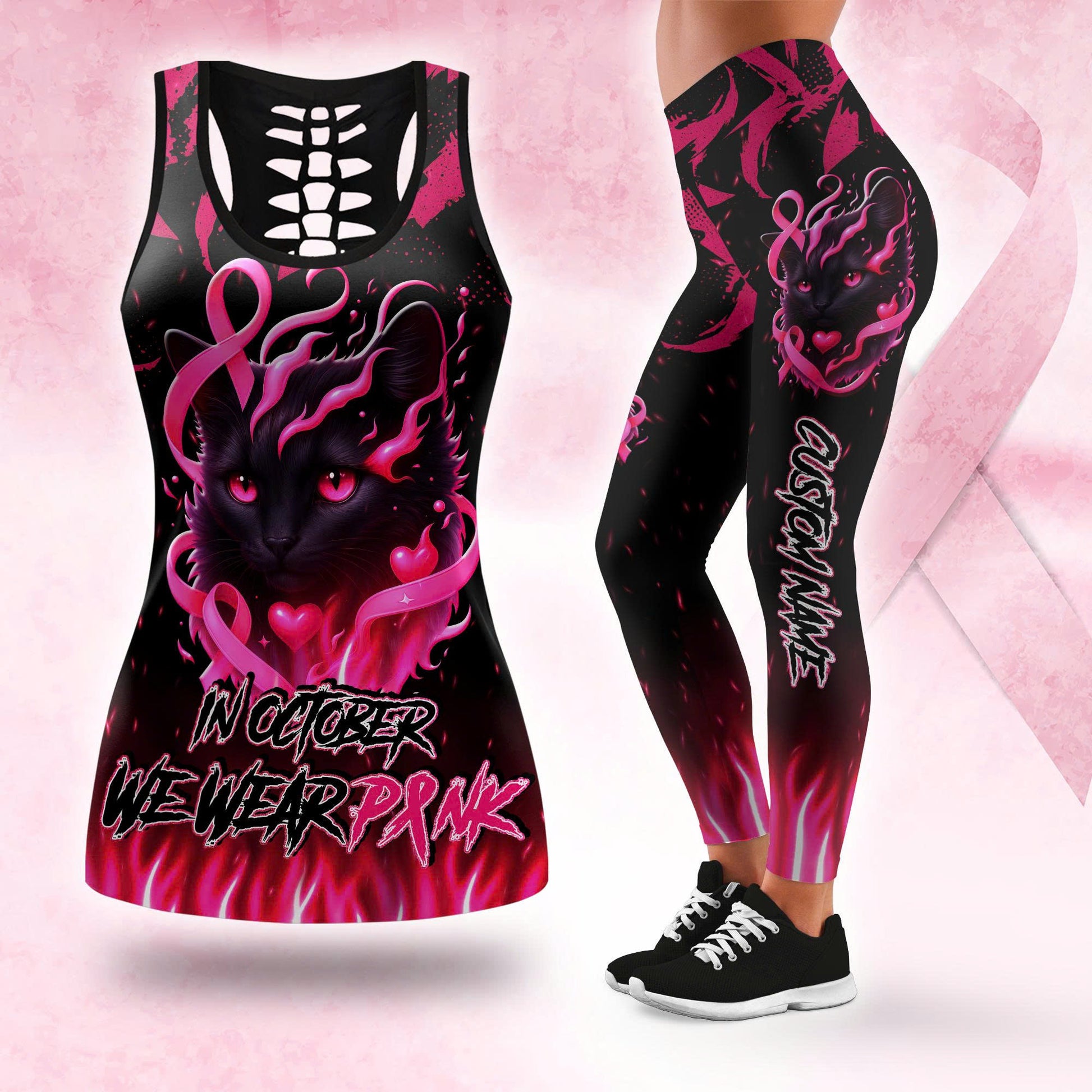 Personalized In October We Wear Pink Black Cat -  Combo Legging Breast Cancer Awareness, Custom Choo