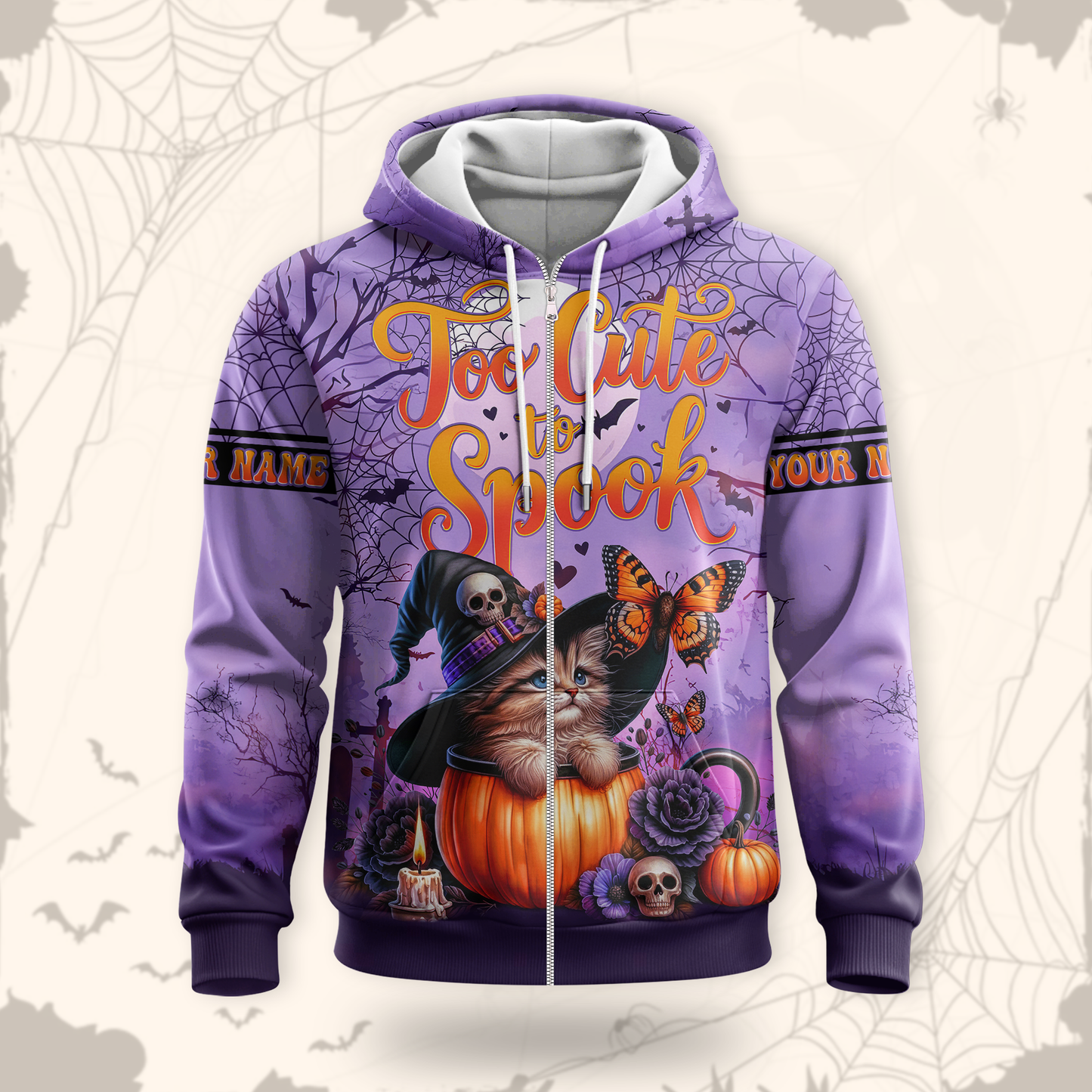 Too Cute To Spook Halloween Cat Hoodie – Personalized Name Zip Up Jacket, Custom Choo