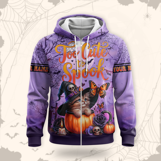 Too Cute To Spook Halloween Cat Hoodie – Personalized Name Zip Up Jacket, Custom Choo