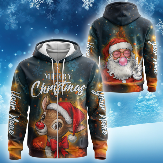 Personalized Merry Christmas Hoodie – Cute Santa & Reindeer Zip Up, Custom Name Holiday Gift, Custom Choo