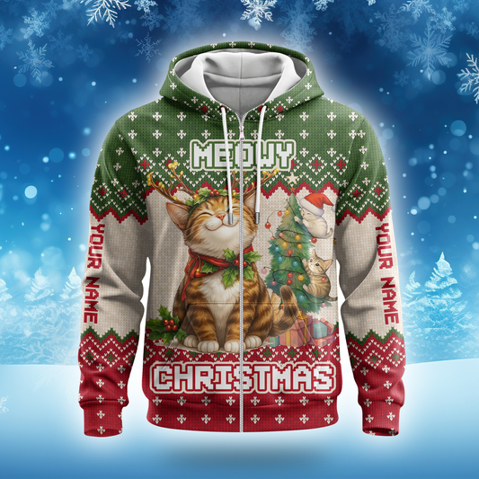 Personalized Merry Christmas Cat Hoodie – Cute Holiday Zip Up, Custom Name Gift for Cat Lovers, Custom Choo