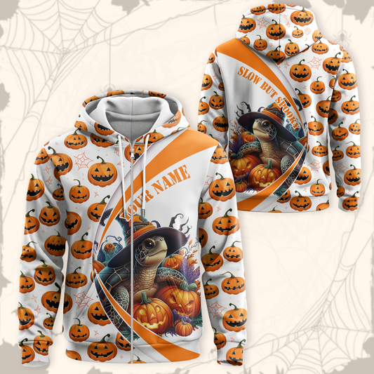 Slow But Spooky Turtle Hoodie – Halloween Pumpkin Zip Up, Custom Name Gift, Custom Choo