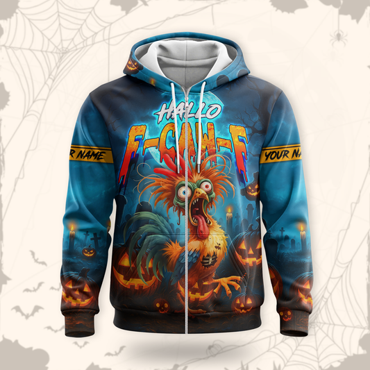 Funny Chicken Halloween Hoodie – Hallo F-Caw-F Scared Rooster – Custom Name Zip Up Hoodie, Custom Choo