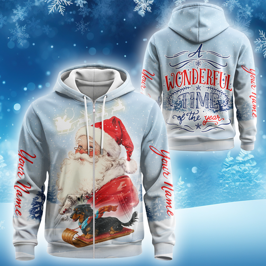 Personalized Santa Claus Christmas Hoodie – A Wonderful Time of the Year, Custom Name Zip Up, Custom Choo