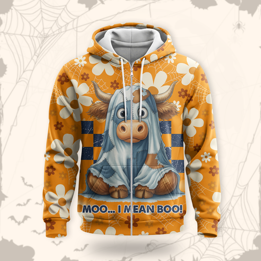 Personalized Cow Halloween Hoodie – Moo I Mean Boo Funny Zip Up Sweatshirt, Custom Choo