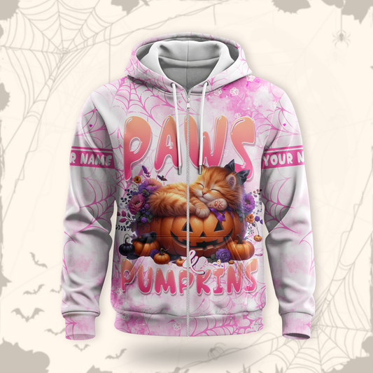 Paws & Pumpkins Cat Hoodie – Personalized Halloween Zip Up Jacket for Pet Lovers, Custom Choo