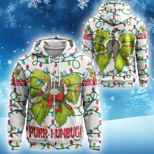 Funny Grinch Cat Christmas Hoodie – Purr Humbug Zip Up, Personalized Name Gift for Cat Lovers, Custom Choo