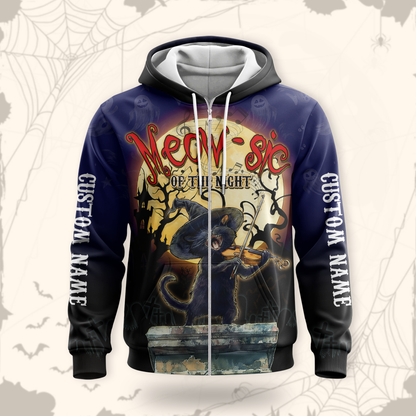 Personalized Halloween Cat Hoodie – Meow-sic of the Night Custom Name Zip Up, Custom Choo