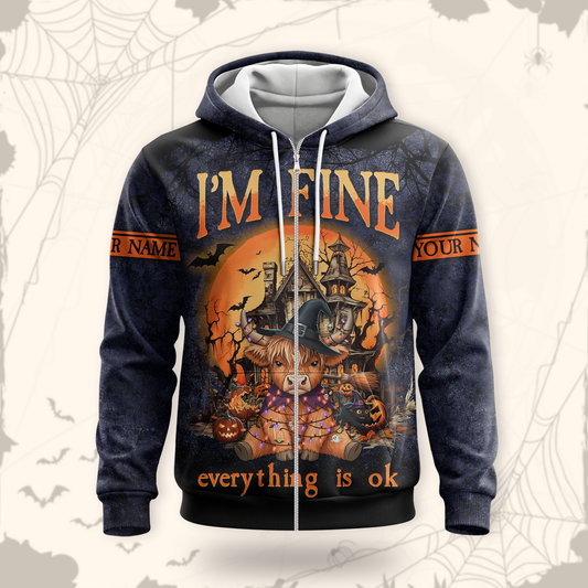 Personalized Halloween Cow Hoodie – "I’m Fine Everything Is Ok" Zip Up, Custom Name Gift, Custom Choo