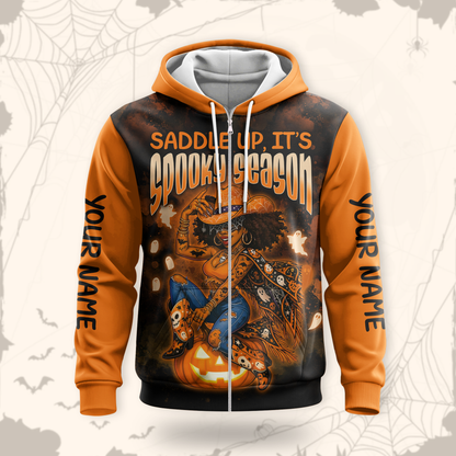 Personalized Spooky Season Hoodie – Cowboy Riding Pumpkin Halloween Jacket, Custom Choo