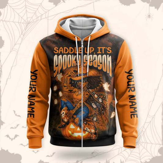Personalized Spooky Season Hoodie – Cowboy Riding Pumpkin Halloween Jacket, Custom Choo