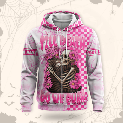 Personalized Cat Skeleton Hoodie – Till Death Do We Purr Pink Gothic Zip Up, Custom Choo