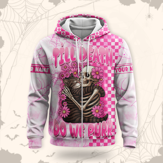 Personalized Cat Skeleton Hoodie – Till Death Do We Purr Pink Gothic Zip Up, Custom Choo